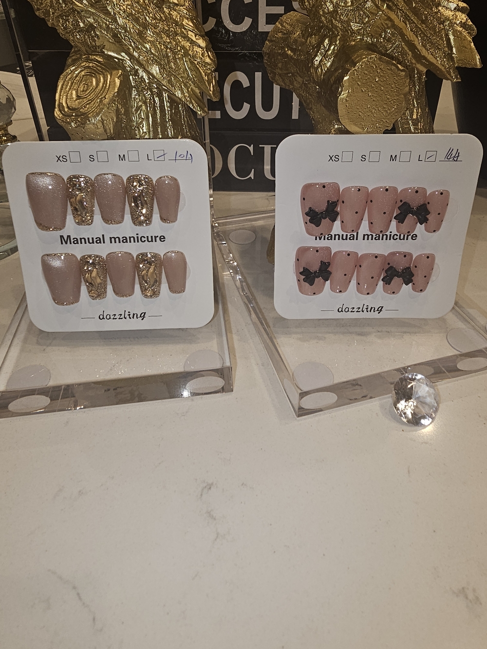 Dazzling Nude Pink & Gold Press-On Nails - Manual Manicure Set